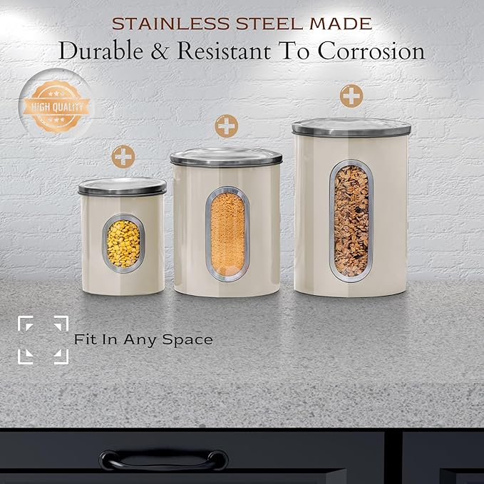 Moss & Stone 3-Piece Beige Canisters Sets For The Kitchen, Airtight Canister Set With See Through Window, Storage Jars for Coffee Container, Tea Organizer & Sugar Canister, Beige Kitchen Canisters