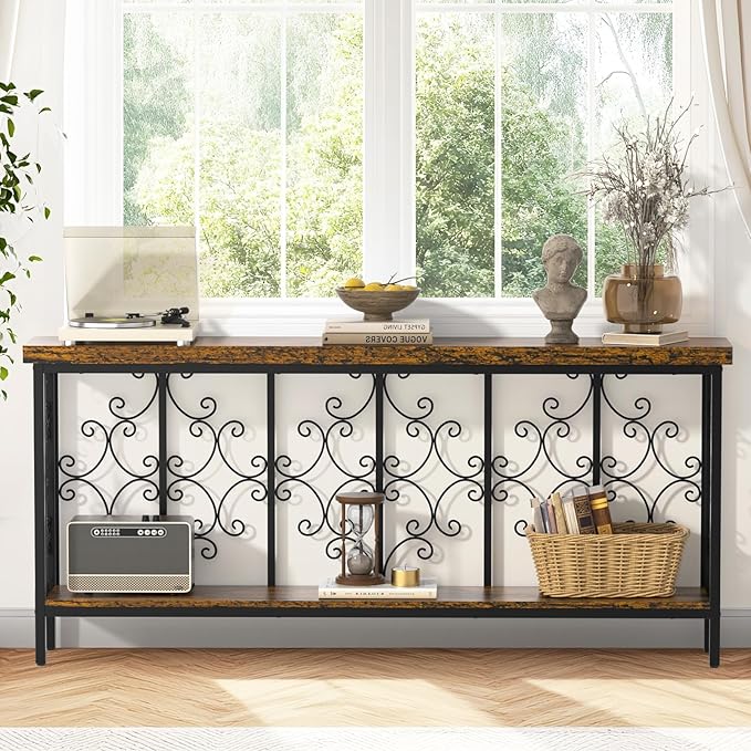 ikkle 70.9" Extra Long Console Table, Industrial Narrow Sofa Table Behind Couch with 2 Tier Storage Shelf, Entryway Hallway Accent Table for Living Room, Foyer, Rustic Brown