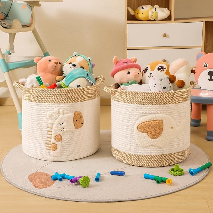 Large Blanket Baskets for Living Room Decor, Toy Storage Baskets Woven Cotton Rope Storage Basket for Kids, Dog Toys Organizer Clothes Hamper with Embroidery Decor for NurseryLaundry (Large, Elephant)