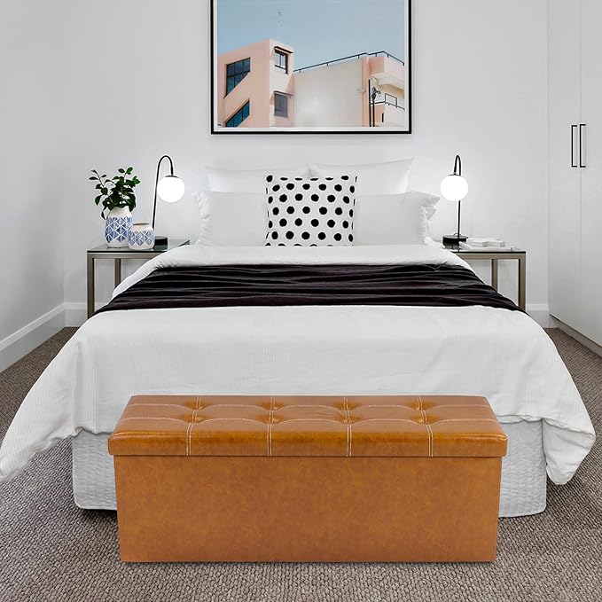 43 Inches Folding Storage Ottoman Bench, PU Leather Storage Chest, Footrest Padded Seat for Bedroom and Hallway, Holds up to 660 lbs, Light Brown