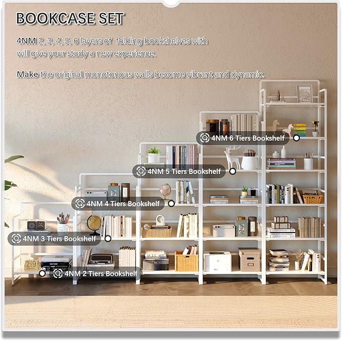 4NM 2 Tiers No-Assembly Folding Bookshelf with Wheels, Portable Rolling Storage Bookcase & Compact Side Table for Living Room, Bedroom, Kitchen, Bathroom (All White)