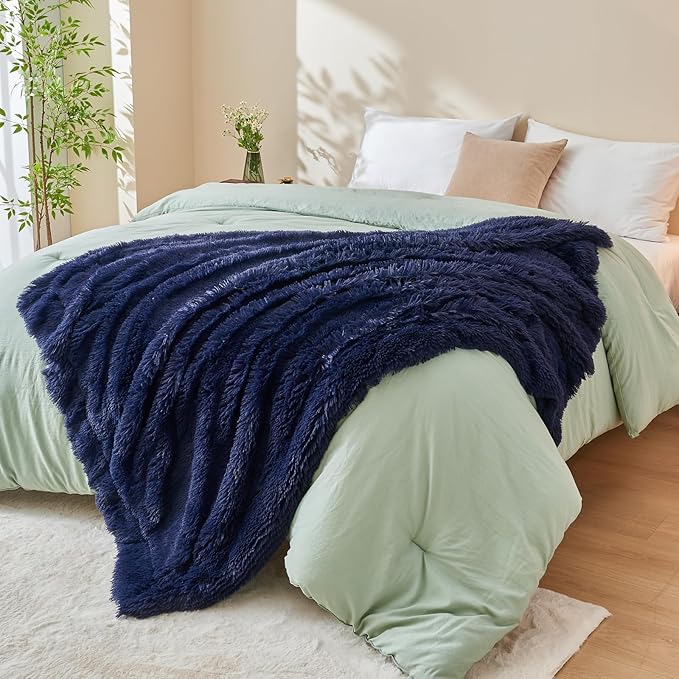 GONAAP Fuzzy Faux Fur Throw Blanket Twin Size Dark Navy Super Soft Cozy Plush Fuzzy Shaggy Blanket for Couch Sofa Bed (Dark Navy, Twin(60"x80"))