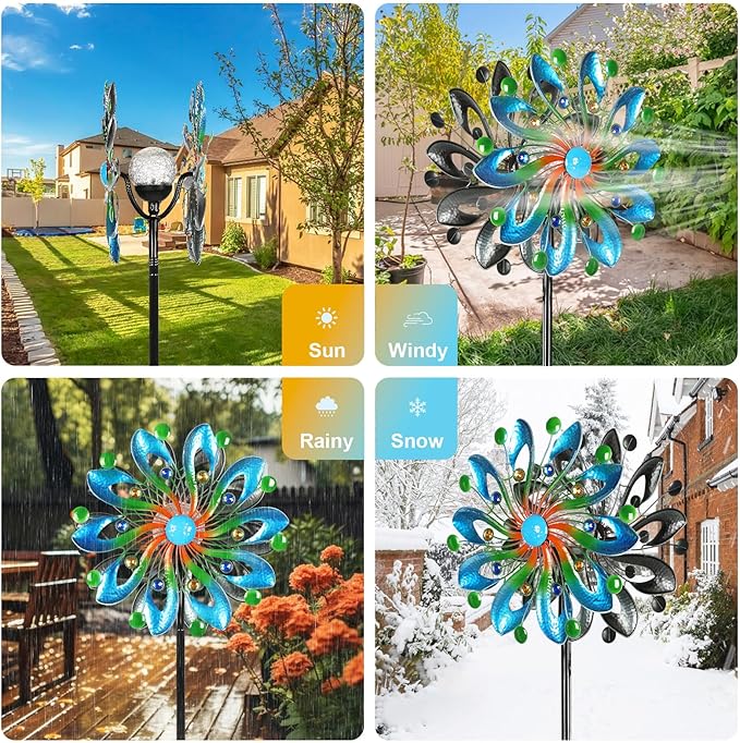 Wind Spinners for Yard and Garden - Wind Sculptures & Spinners, 75 Inch, Navy Blue, Kinetic Art with Solar Powered Multi-Color Glass Ball Light