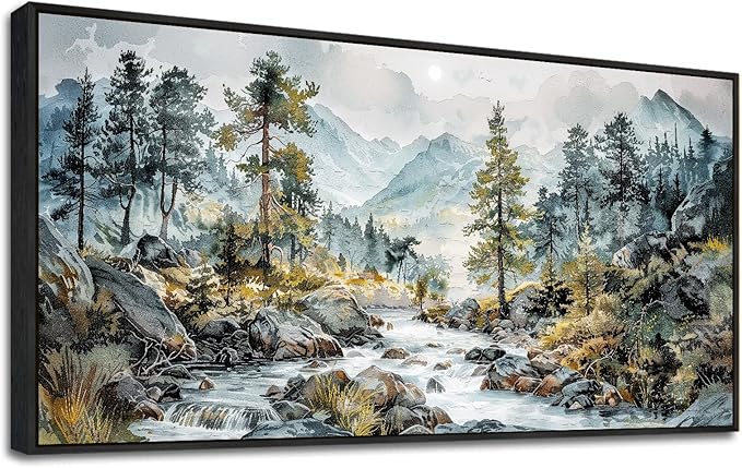 PHAOHUAXM Large Wall Art For Bedroom Wall Decor For Living Room Office Decoration Rivulet View Painting Forest Tree Landscape Watercolour Pictures Canvas Artworks Home Decor Black Framed 24x48 In