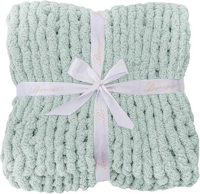 Bigacogo Chunky Knit Throw Blanket for Couch, 40x60 inches, 100% Hand Knitted with Thick Jumbo Chenille Yarn, Cozy Soft Large Rope Knot Cable Crochet Blankets for Sofa Bed Living Room, Mint