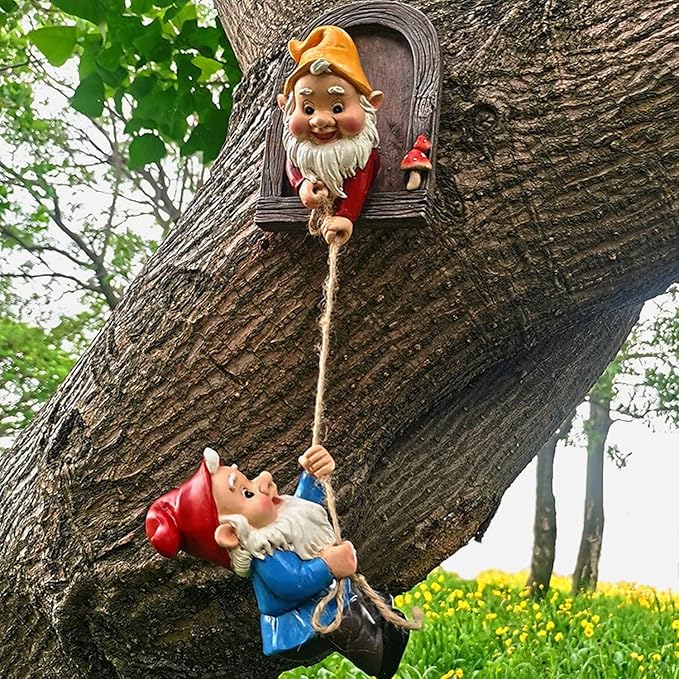 Climbing Gnomes Tree Faces Decor Outdoor for Yard, Adorable Gnome Elf Out Hugger Fairy Door Statue for Tree, Funny Garden Gnome Peeker Sculpture Yard Patio Art