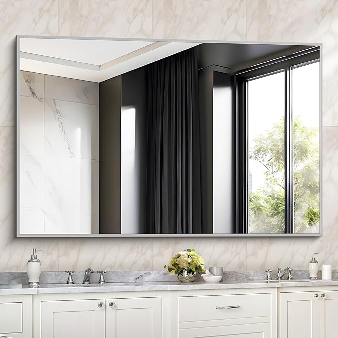 36x55 inch Bathroom Mirror, Silver Rectangle Mirror with Thin Metal Frame, Large Rectangular Wall Mirrors for Bathroom, Living Room, Big Mirror Hang Horizontal/Vertical