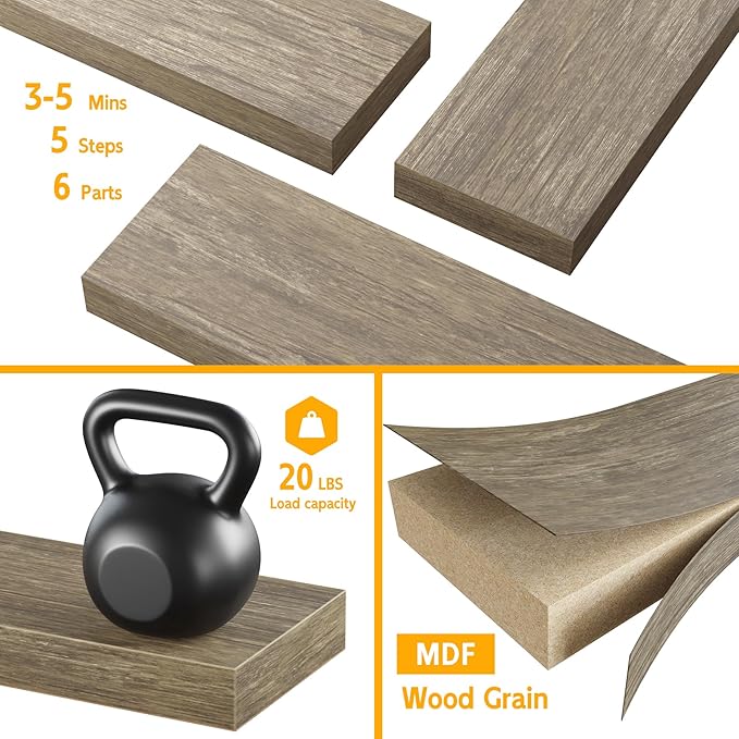 BAMEOS Floating Shelf, 24x6 Wall Shelf,Decor Wall Mounted Shelves,Hanging Shelf Set for Bathroom Kitchen Living,Kitchen,Room Bedroom Storage