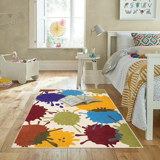 STARUIA Art Bedroom Rug, 4'x6' Machine Washable Kids Rug for Playroom, Paint Splash Rainbow Area Rugs for Classroom, Soft Colorful Living Room Rugs Throw Play Mat for Nursery Office Preschool