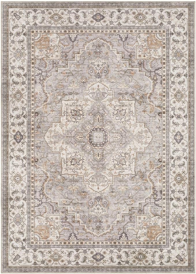 Washable Area Rugs for Living Room - 5x7 Neutral Vintage Distressed Floral Farmhouse Boho Large Soft Floor Rug Indoor Non Slip Carpet for Bedroom Dining Room Office - Grey Brown