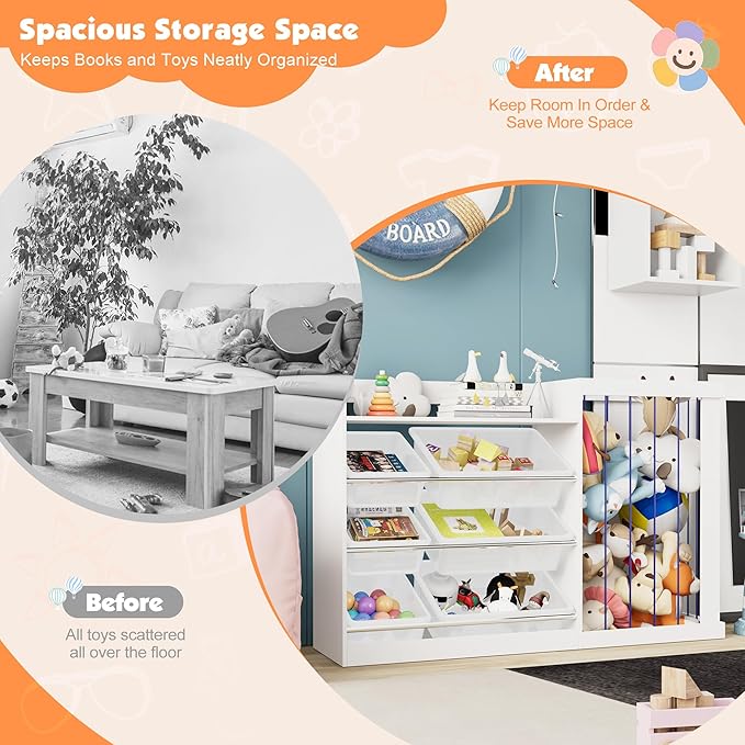 Kids Toy Storage Organizer with 3 Removable Plastic Bins Toddler Montessori Bookshelf with Stuffed Animal Net Holder Baby Bookcase Plush Organizer for Playroom, Bedroom,Kids Room,Classroom,Nursery