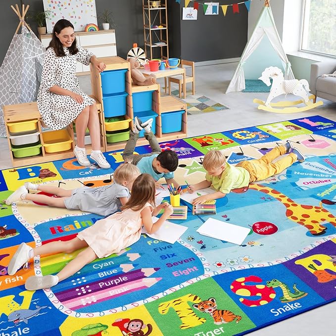 4x6 Playroom Rugs for Kids Washable, Educational and Fun Playmat with ABC Alphabet Animals Shapes Colors, Non-Slip Play Mat Learning Rugs for Baby Toddler Children Game Activity, Blue