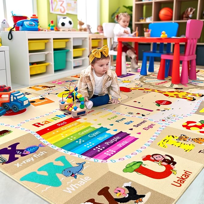 Kids Rugs for Playroom Washable, Educational and Fun Learning Rugs with ABC Alphabet Animals Shapes, Baby Toddler Children's Play Mat for Bedroom Classroom Nursery, 3x5 Feet, Beige and Pink