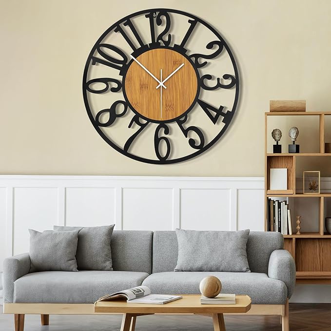 LEIKE 32" Oversized Large Wall Clocks,Silent,Non Ticking,Battery Operated Modern Round Big Wood Decorative Metal Wall Clock for Living Room, Bedroom,Kitchen,Farmhouse,Office Decor - Black,32 Inch