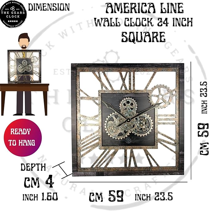 The Gears Clock 24'' Inch Square Real Moving Gear Wall Clock Vintage Industrial Oversized Rustic Farmhouse (Vintage Brown)