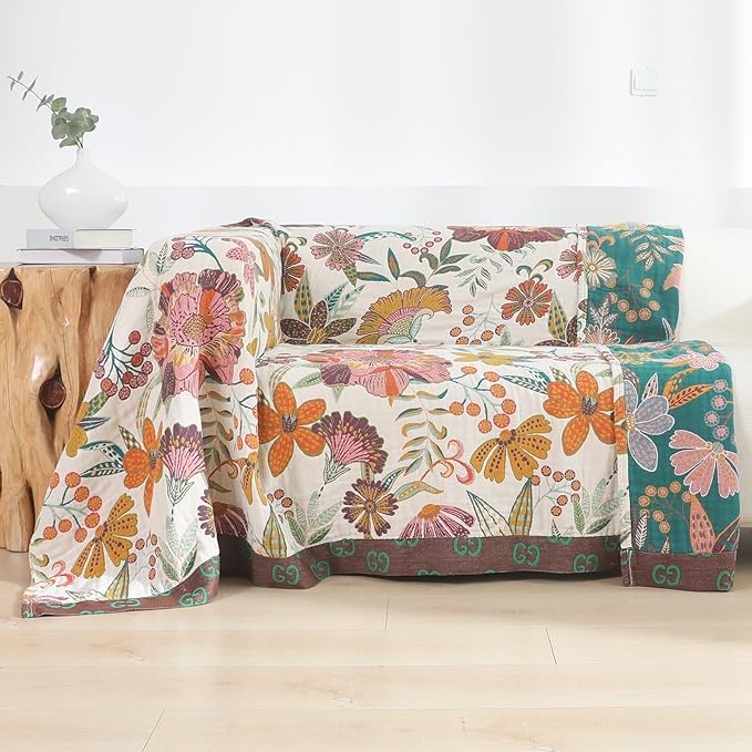 Boho Rustic Throw Blanket,100% Cotton Soft Vintage Bed Throw Blankets Floral Farmhouse Decor Throws,Reversible Throw for Sofa Couch, 60"×80" for All Seasons -White