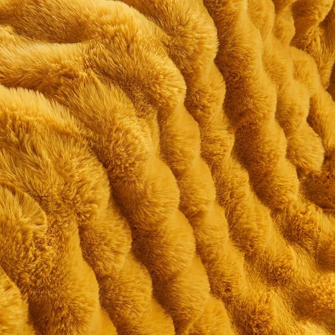 Lotus Karen Faux Fur Throw Blanket Ginger Yellow - Big Bubble Rabbit Fluff Blanket for Couch Bed Sofa,Softest Fluffy Fuzzy Cozy Blanket,Thick Furry Plush Shaggy Warm Blankets for Women,50x60 Inches