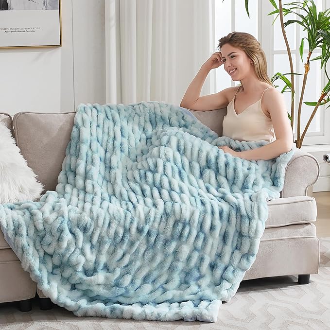 Ultra Soft Luxury Faux Fur Throw Blanket for Counch,Fuzzy Fluffy Plush Warm Cozy Elegant Wrinkled Blanket for Sofa Bedroom Living Room,(50"x60",Tie-dye Freshwater Blue)