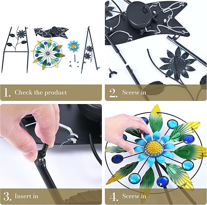 TERESA'S COLLECTIONS Hummingbird Garden Solar Stake, Wind Spinner Yard Art Sign for Outdoor Decor, Metal Purple Floral Windmill Decorative Garden Stake for Lawn Ornaments, Gifts for Mom, 26''