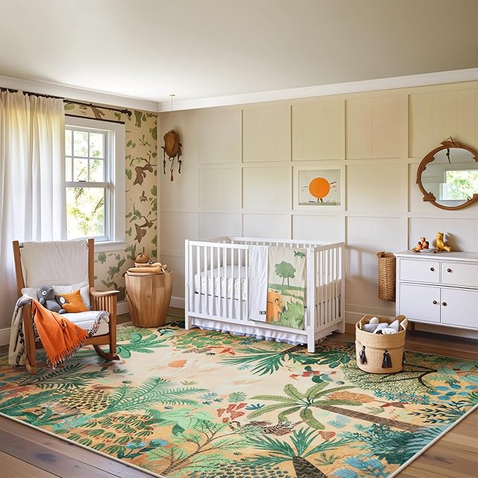 LIVEBOX Large 9x12 Forest Area Rug for Living Room, Soft Washable Sun Yellow Rugs for Bedroom, Non Slip Ultra Thin Floor Carpet Jungle Animal Print Rugs for Dining Room