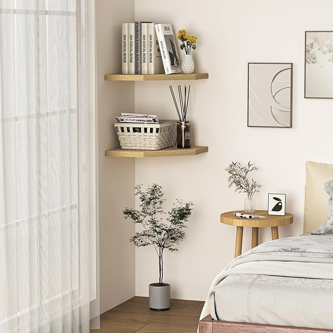 Corner Shelf Wall Mount, Corner Floating Shelves, Set of 4 Corner Wall Shelf Organizer, Rustic Wood Wall Storage Display Shelves for Living Room Bedroom Bathroom Kitchen, Oak