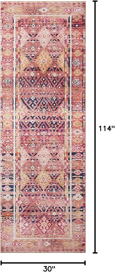 Loloi Layla Collection LAY-15 Magenta/Multi 2'-6" x 9'-6" .13" Thick Runner Rug, Soft, Durable, Vintage Inspired, Distressed, Low Pile, Non-Shedding, Easy Clean, Printed, Living Room Rug