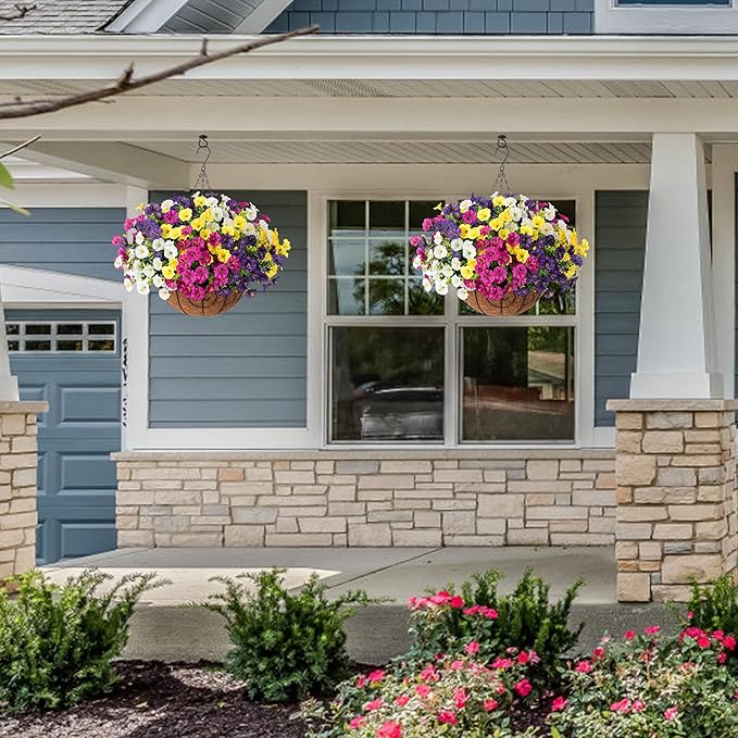 Artificial Faux Hanging Plants Flowers Basket for Spring Summer Outdoors Decoration, Fake Silk Colorful Morning Glory with Eucalyptus Look Real UV Resistant for Outside Porch Patio Balcony Garden Home