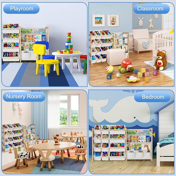 Large Toy Storage Organizer with Bookshelf, Toy Organizers and Storage with 12 Storage Bins, 4 Tier Multipurpose Toys Organizer Storage for Kids Room, Playroom, Nursery Room, White