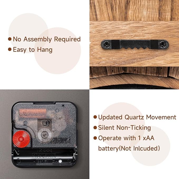 Honiway 14 Inch Wall Clock, Rustic Wood Boho Sunburst Decorative Wall Clocks Battery Operated Silent Non Ticking Farmhouse Small Wall Clocks for Living Room Kitchen Bedroom Home Decor (Rustic Brown)