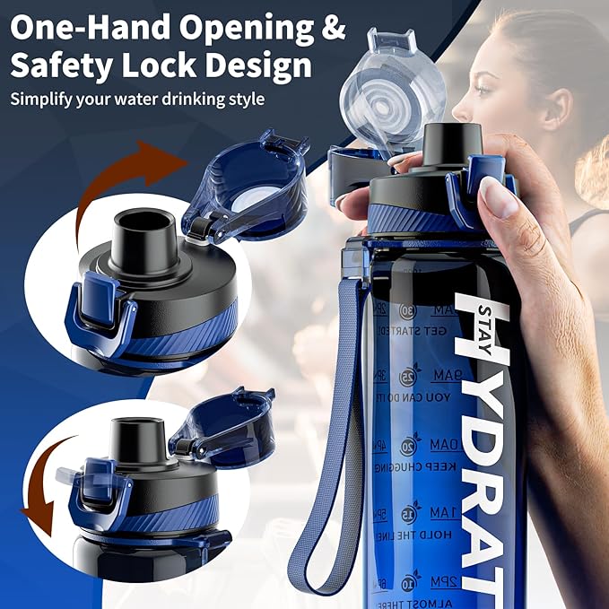 Water Bottle, 32 oz Motivational Water Bottles with Time Marker-Tritan & BPA Free, Sports Water Bottle with Time to Drink & Strap, Wide Mouth, Leakproof -Gift for Christmas Gym Fitness & Outdoor