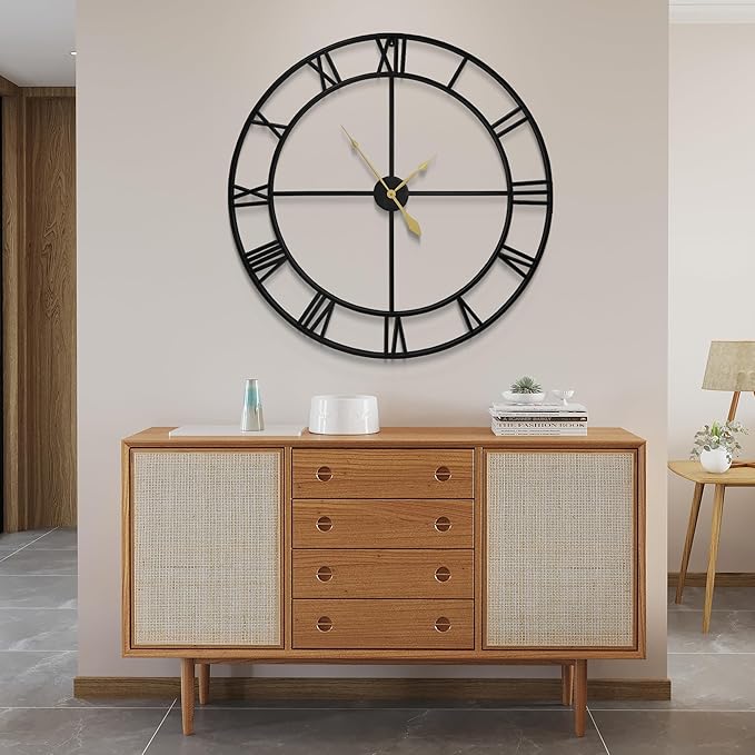 LEIKE 40 Inch Extra Large Modern Wall Clock, Oversize Rustic Round Nearly Silent Battery Operated, Black Metal Roman Numerals Wall Clocks for Living Room, Bedroom, Entrance Home Decor