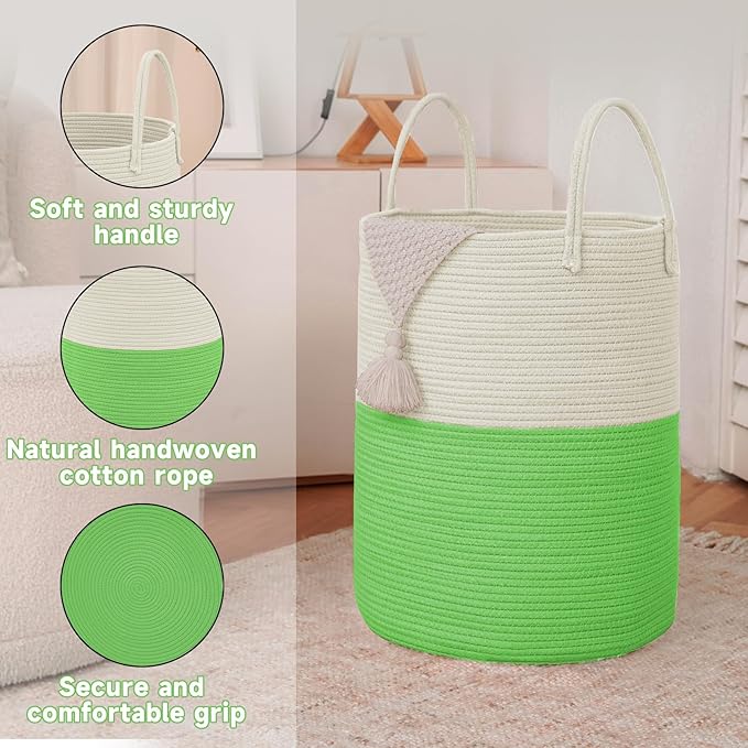 Large Woven Laundry Basket Hamper,60L Cotton Rope Storage Bin for Blankets,Toys and Clothes,Decorative Tall Nursery Hamper for Living Room,Baby Nursery,Bathroom and Bedroom,Light Green