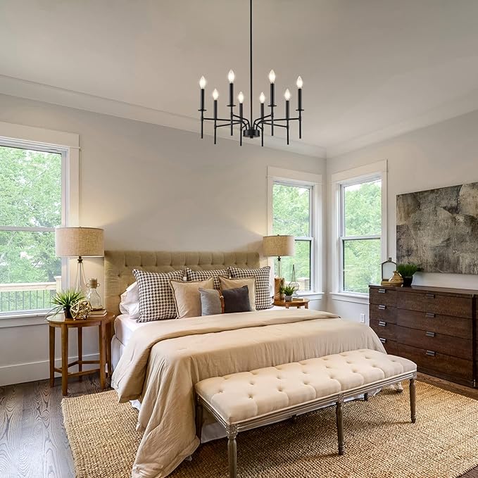 8 Light Black Chandelier Light Fixture, Modern Farmhouse Chandeliers for Dining Room Light Fixture, Metal Candle Pendant Chandelier for Foyer Entryway Stairs Living Room Bedroom Kitchen