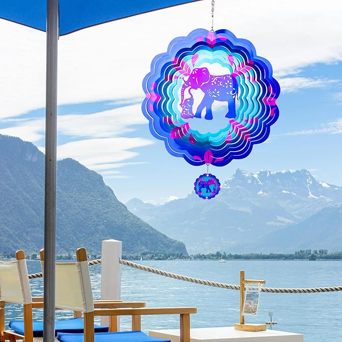 12 inch Elephant 3D Stainless Steel Wind Spinners, Hanging Garden Spinner Kinetic Art Garden Decorations, Reflective Wind Sculpture for Indoor/Outdoor Decor