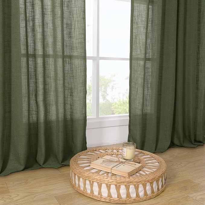 LAMIT Olive Green Linen Curtains 72 inches Long for Living Room, Soft Thick Semi Sheer Light Filtering Bronze Grommet Window Treatments Neutral Drapes for Bedroom, 2 Panels Set, 52 x 72 Inch