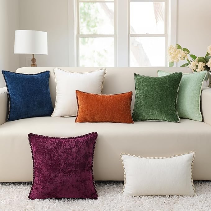 decorUhome Chenille Soft Throw Pillow Covers 20x20 Set of 2, Farmhouse Velvet Neutral Decorative Euro Pillow Covers with Stitched Edge for Couch Sofa Bed Home Decor, Aqua Haze