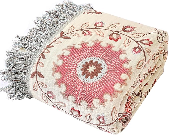 Snycler Boho Throw Blanket for Bed - 100% Cotton Ultra Soft Rustic Quilt - Pink Boho Floral Printed Farmhouse Decor Bed Blankets, 80"×90" All Season Rustic Throw for Sofa Couch Chair