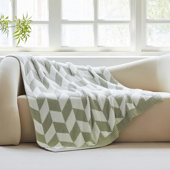 Snuggle Sac Sage Green Bedding Blankets Twin Size, Super Soft Warm Blankets Oversized Cozy Knit Fuzzy Blanket for Living Room, Chevron Green,60x80 inches