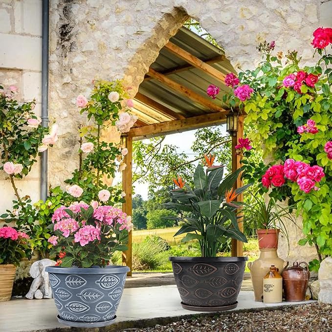 Outdoor Flower Pots for Plants Set of 3 Pack 11 Inch Planter Pot, Large Plastic Plant Pots Indoor Plants with Drainage Holes & Trays, Modern Decorative Garden Containers Sets for House(Blue)