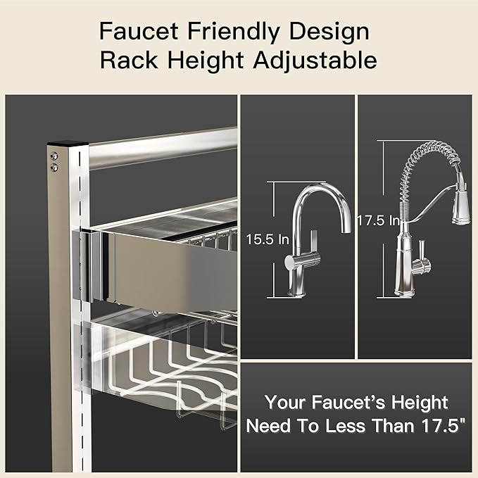 3 Tier Extra Large Stainless Steel Expandable Over The Sink Dish Drainer Drying Rack, Rust Proof Metal, Space Saving, Modern Silver Big Capacity Extendable Plate Strainers Above Kitchen Counter