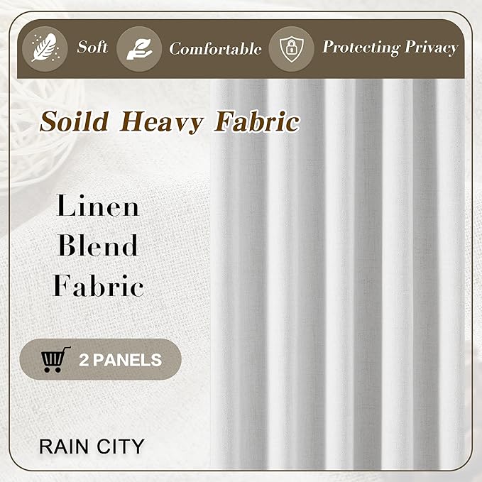 RAIN CITY Snow White Blackout Curtains (50 x 92-inch Long) Modern Rustic Linen Pinch Pleated Drapes for Living Room with Hooks Textured Curtains for Patio Door Playroom 2 Panels