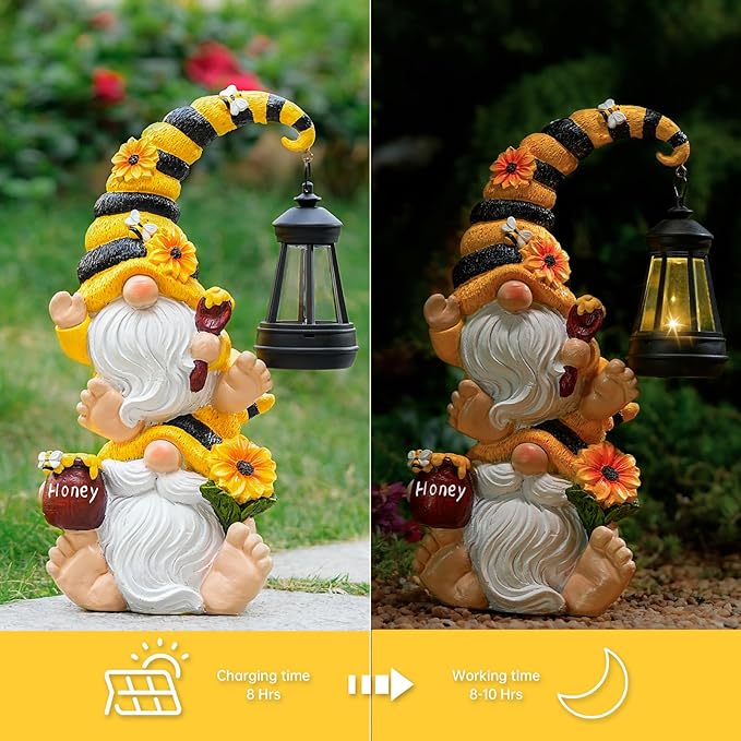 Solar Bee Garden Gnomes with LED Lantern – Waterproof Stacked Outdoor Decor for Yard, Patio – Unique Gnome Gift for Mom, Grandma, Women (Weatherproof Resin Outdoor Statues)