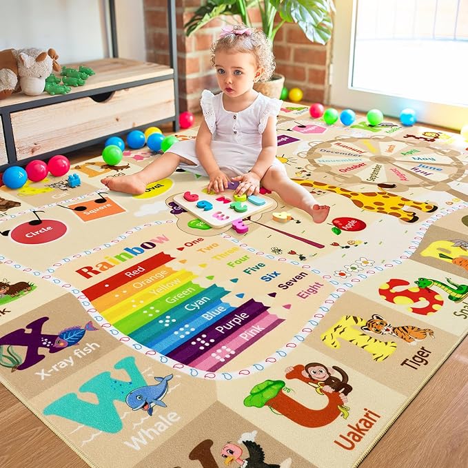 Kids Rugs for Playroom Washable, Educational and Fun Learning Rugs with ABC Alphabet Animals Shapes, Baby Toddler Children's Play Mat for Bedroom Classroom Nursery, 5x7 Feet, Beige and Pink
