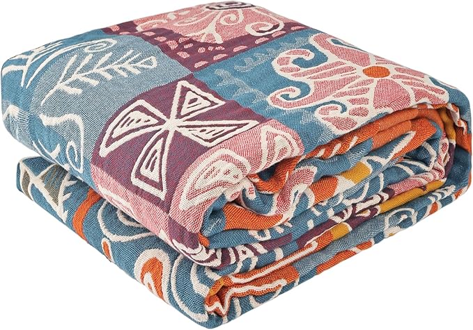 Boho Throw Blanket for Bed - 100% Pure Cotton Ultra Soft Rustic Quilt - Farmhouse Decor Bed Blankets, All Season Rustic Throw for Sofa Couch Chair(91''x 98'', Art Squares)