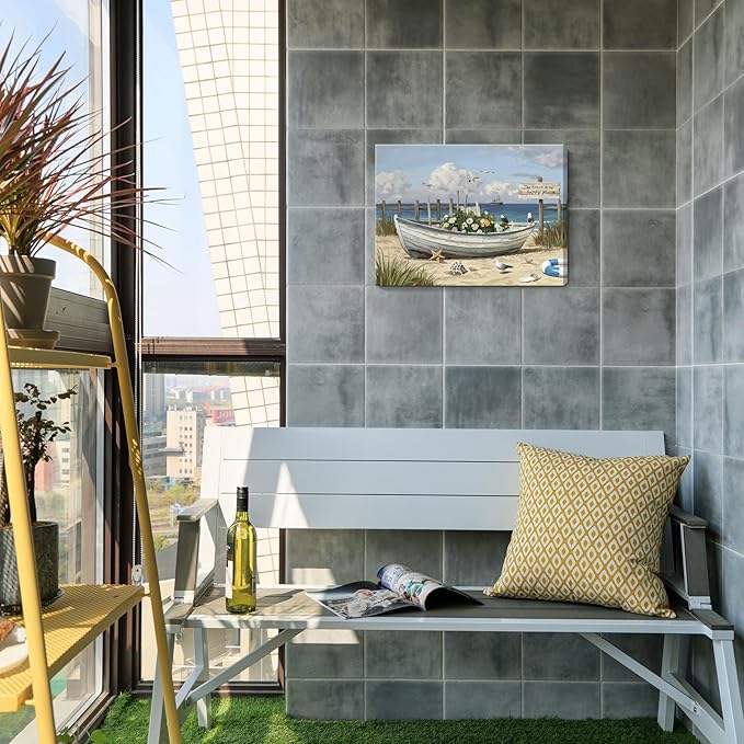 amatop Coastal Wall Art– Beach Scene Picture with Boat on Sandy Shore, Flowers and Sea Birds, Blue Ocean Seascape Themed Canvas Print Nautical Artwork for Bathroom and Bedroom Decor, Small 16x12 Inch