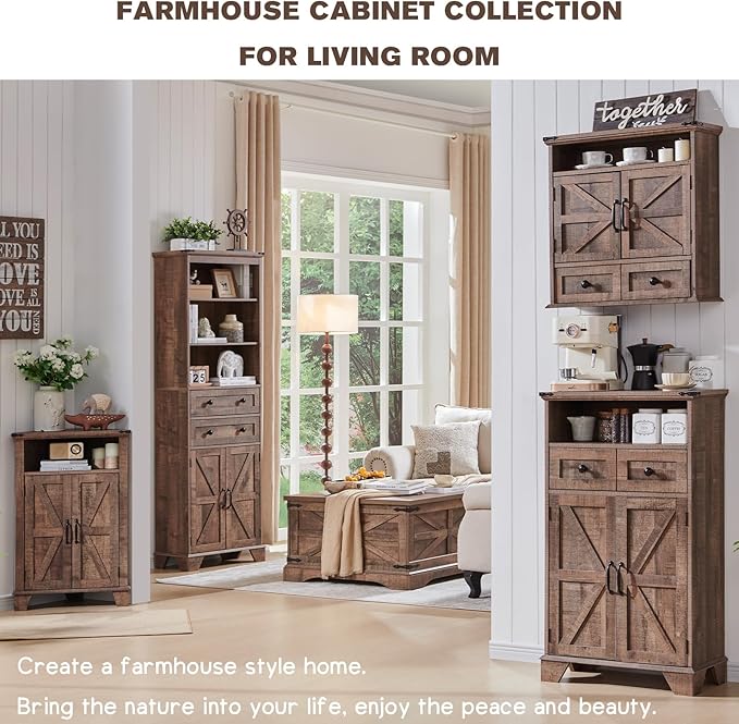 Corner Bathroom Cabinet, Farmhouse Small Corner Cabinet with Barn Door & Adjustable Shelf, Storage Cabinets for Bathroom, Kitchen, Living Room, Rustic Brown