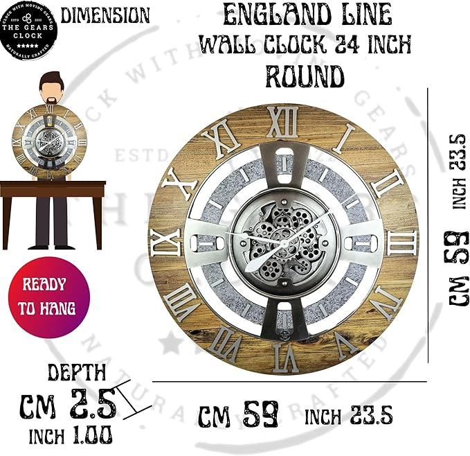 The Gears Clock Real Moving Gear Wall Clock England Line (Wood & Stone, 24 inches (60 cm))