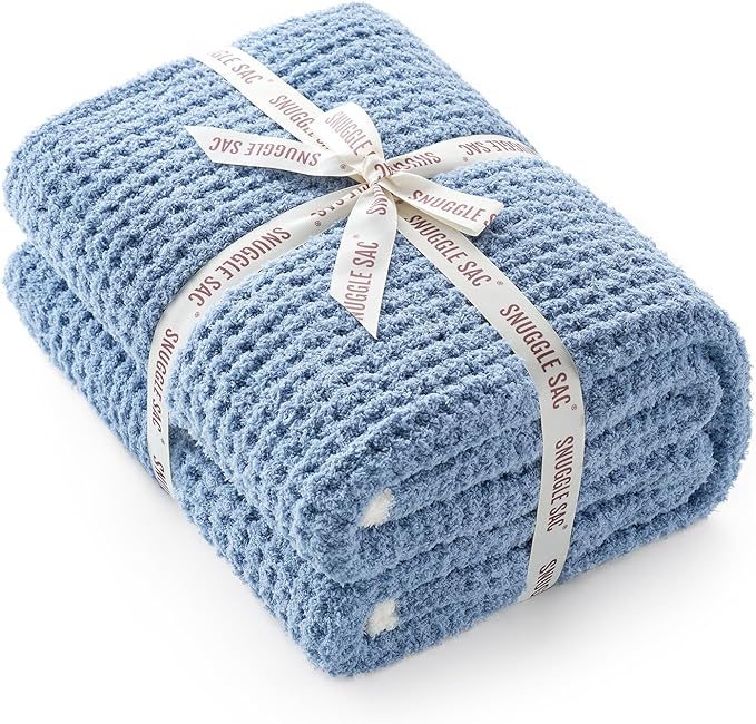 Snuggle Sac Blue Waffle Throw Blanket for Couch Bed Sofa 60x80 inches, Reversible Blue Blanket Microfiber Fluffy Fuzzy Cozy Knit Twin Blanket for Women Mothers Birthday Gifts