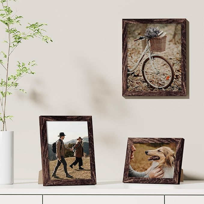 Vittanly 5x7 Picture Frames Set of 9, Shatter Resistant Plexiglass, Display 4x6 Pictures with Mat or 5x7 without Mat, Photo Frames for Wall or Tabletop, Engineered Wood, Brown
