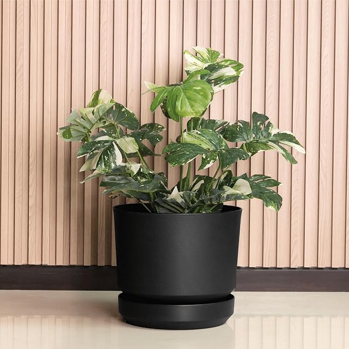 Elly Décor 8 inch Plastic Cylinder Planter Pot with Self-Watering Saucer and Drainage Hole,Lightweight & Extremely Durable, 8"x 8", Black